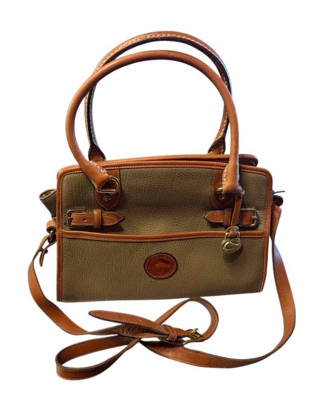 Authentic Vintage Dooney & Bourke Khaki Leather Satchel, 2-Way Shoulder Bag